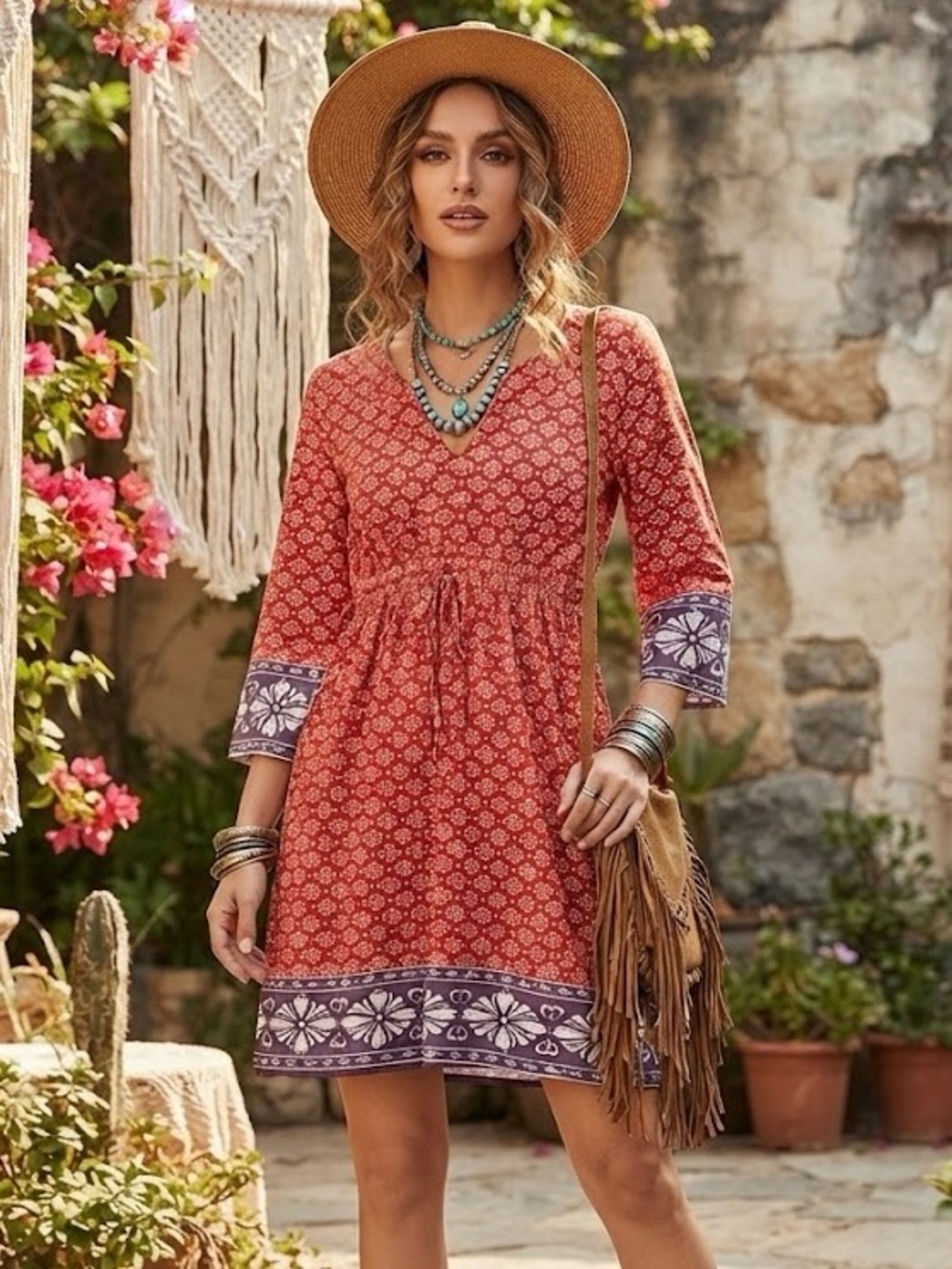 Roots Red Purple Boho Floral 100% Pima Cotton Tunic Dress Bell Sleeves Retro M